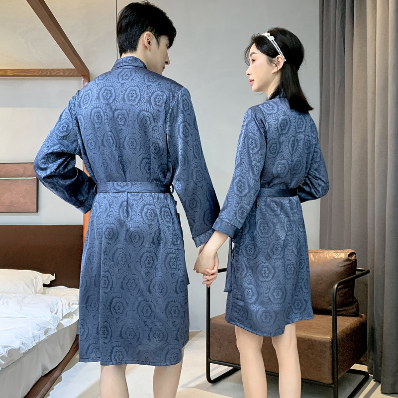 2025 Designer s new high end women s summer thin couple bathrobe ice silk fashion men s pajamas high end medium length bathrobe