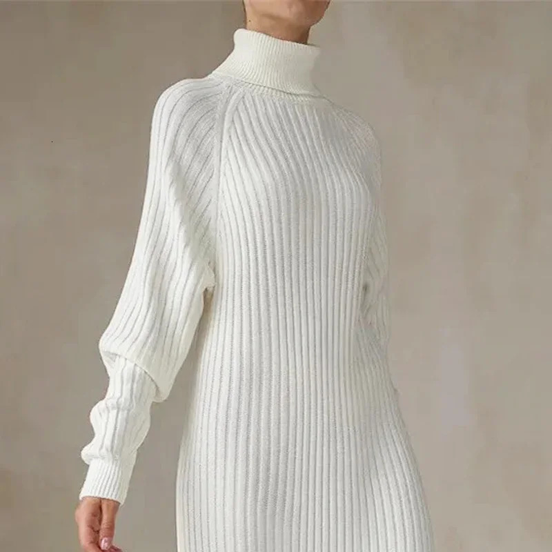 White turtle neck knitted dress for women winter and autumn oversized sweater fashionable long sleeved mini dress casual knitted dress 241206