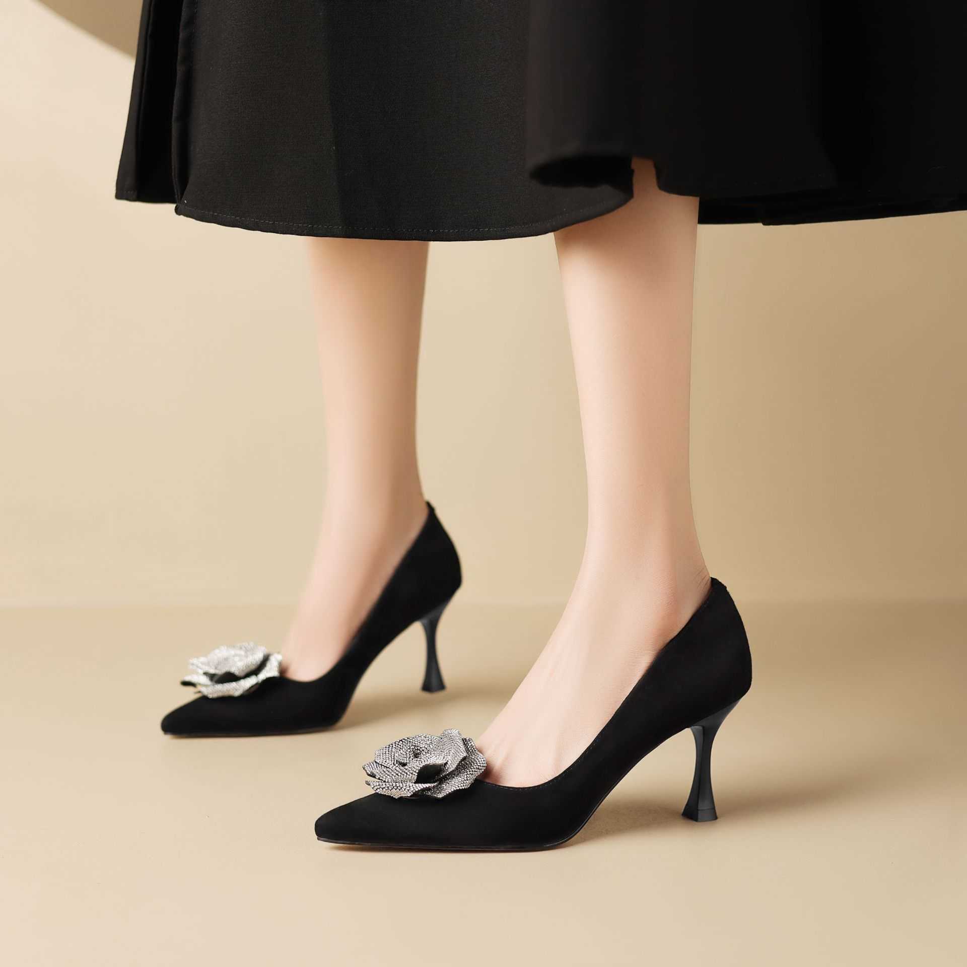 High Heels Female Pointed Spring New Fashion Single Shoes French Flower Evening Dress Shoes