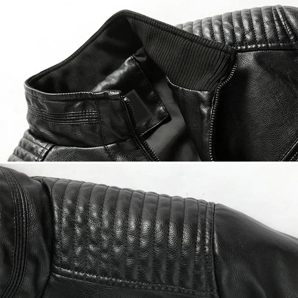 Men Outerwear Stylish Mens Faux Leather Jacket with Stand Collar Zipper Placket Pockets Slim Fit Solid Color Outwear for A 241202