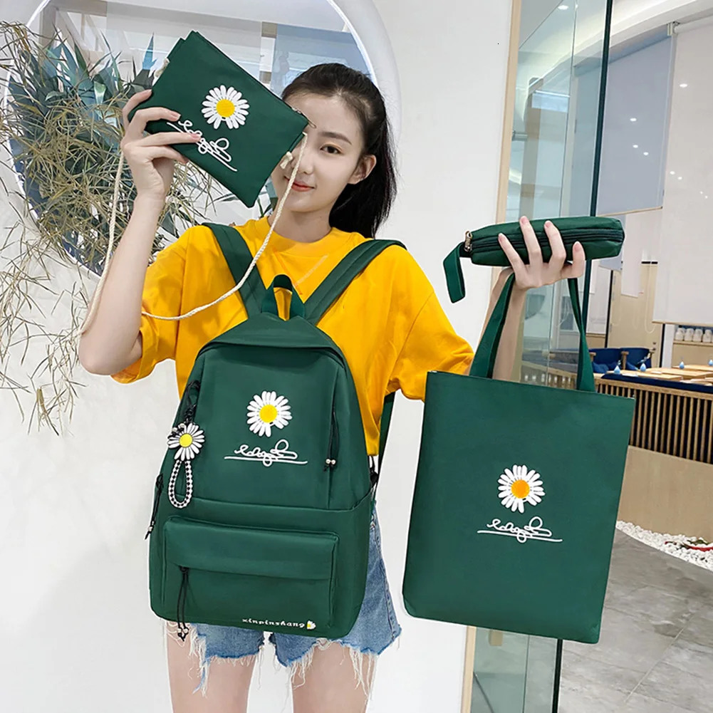 4-piece/set pre school style daisy print backpack canvas school Rucksack teenage girls travel Mochila shoulder bag student club 241206