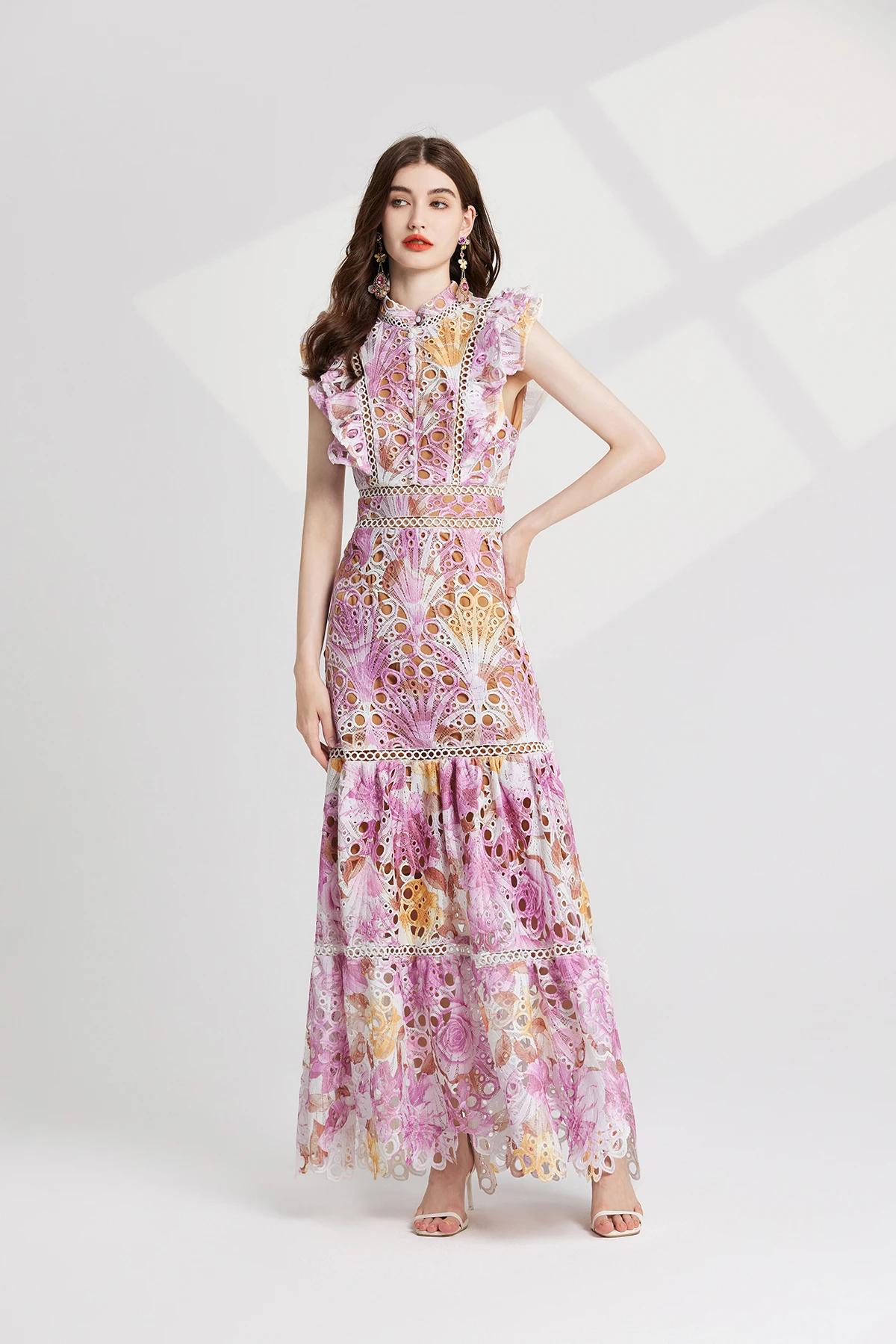 Basic Casual Dresses Summer Autumn Flower Embroidery Maxi Wedding Dress Women Flare Ruffles Sleeve Neck Colorful Long Robe Party Evening Vestidos