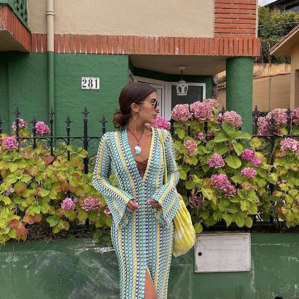 European and American popular contrasting lace hollow out low cut front slit jumpsuit long skirt 2024 new casual versatile fashion clothing