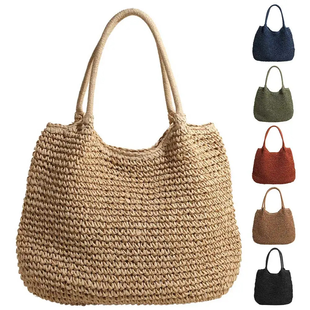 Women Straw Tote Handbag Large Capacity Vintage Shoulder Bag Solid Color Crochet Beach Ladies Summer Daily 241203