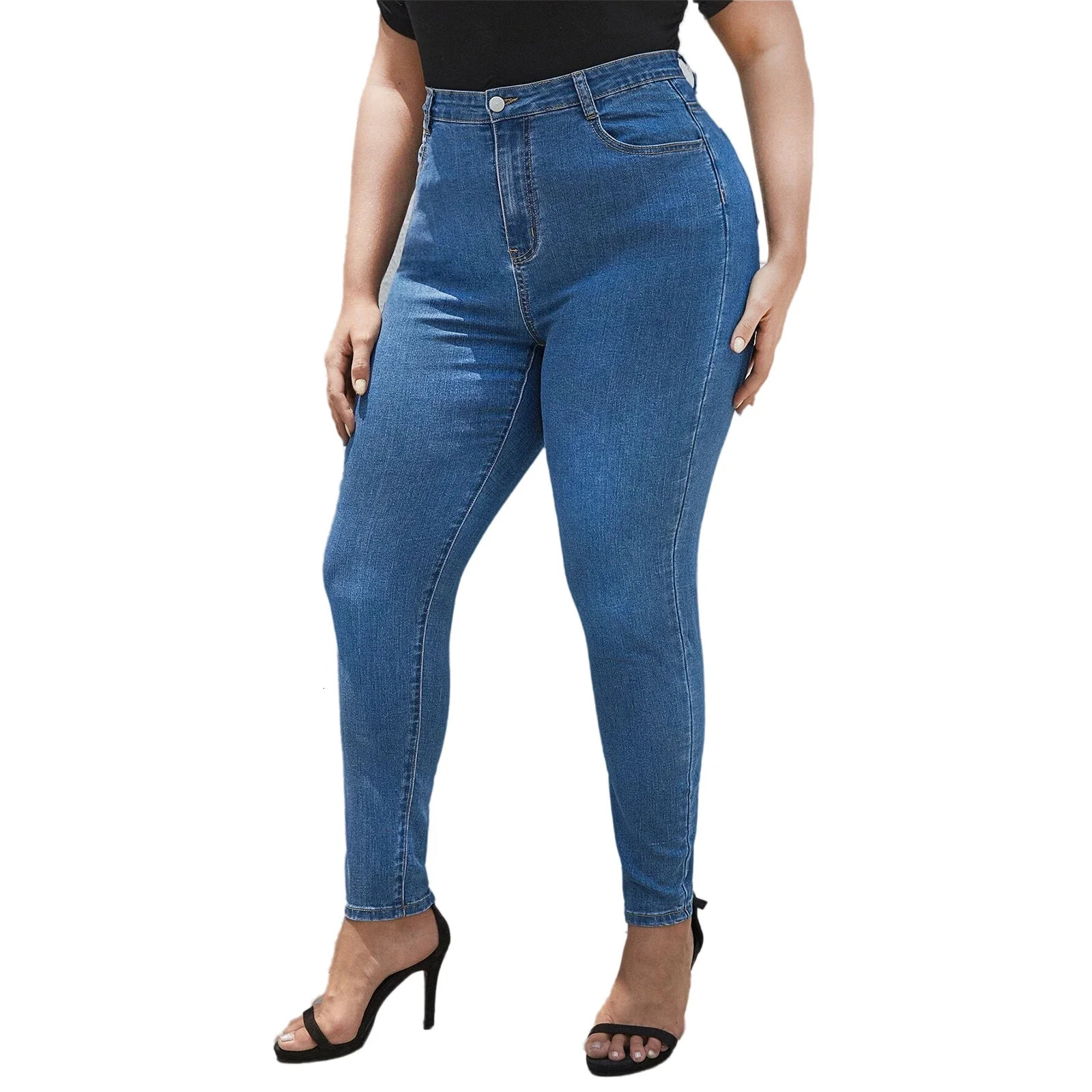Plus Size Women Jeans Pants Full Length Denim High Waist Stretchy Skinny 241203