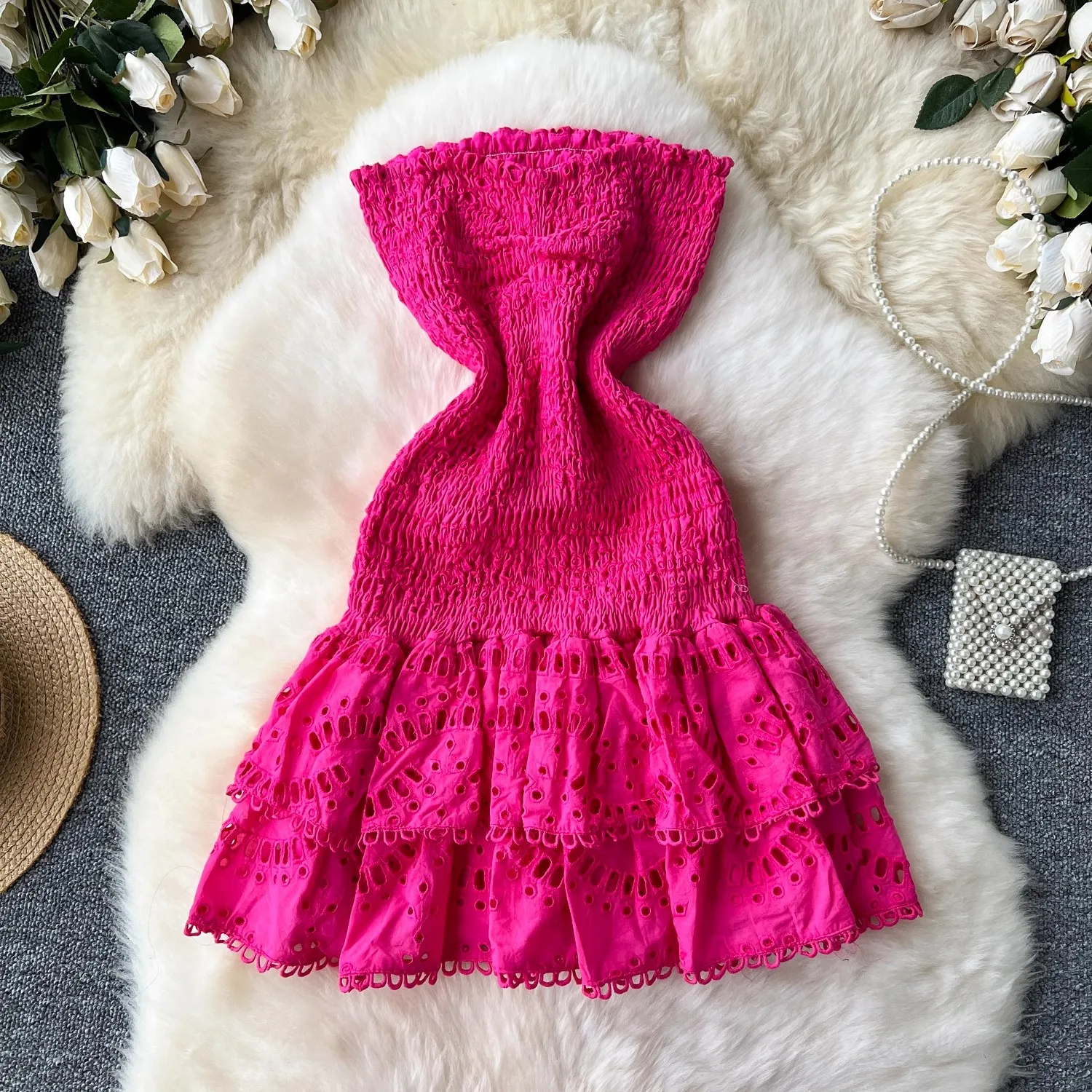 Basic Casual Dresses Summer Holiday Cotton Sexy Embroidery Dresses Women Beach Hollow Out Strapless Backless Stretch Layer Ruffles Cake Mini Vestidos 