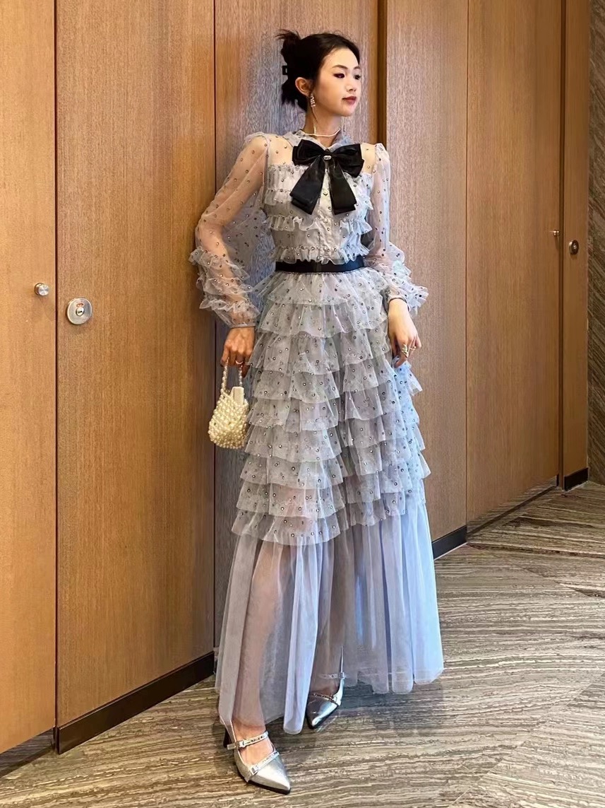 Casual Dresses Runway Designer Summer Polka Dots Holiday Cake Dress Women Mesh Tulle Bow Lapel Evening Party Prom Vestidos