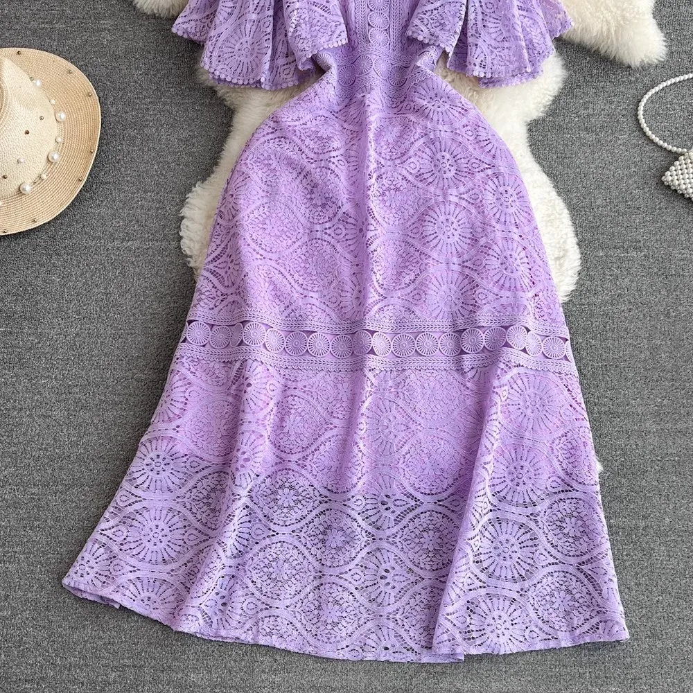 Casual Dresses Elegant Summer Lace Dress Women Crochet Flower Hollow Out French Purple Short Sleeve Party Midi Prom Evening Dresses
