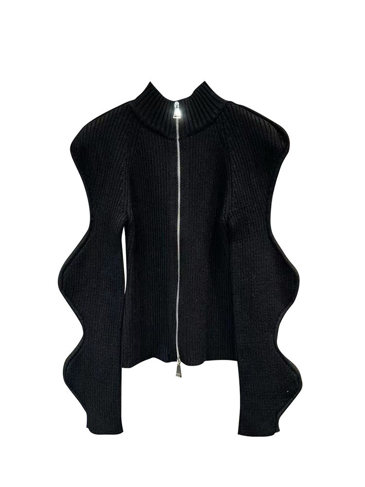 Fashion Women's Irregular Wave Edge Knitted Cardigan 2023 Autumn Stand Collar Long Sleeve Zipper Sweater Female