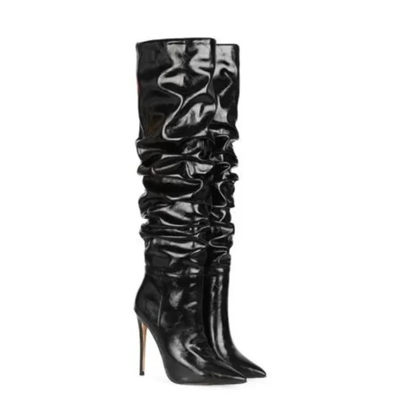 2024 Autumn Winter New Fashionable High-Heeled Pleated Sleeve Boots, European And American Sexy Fashion Runway Boots
