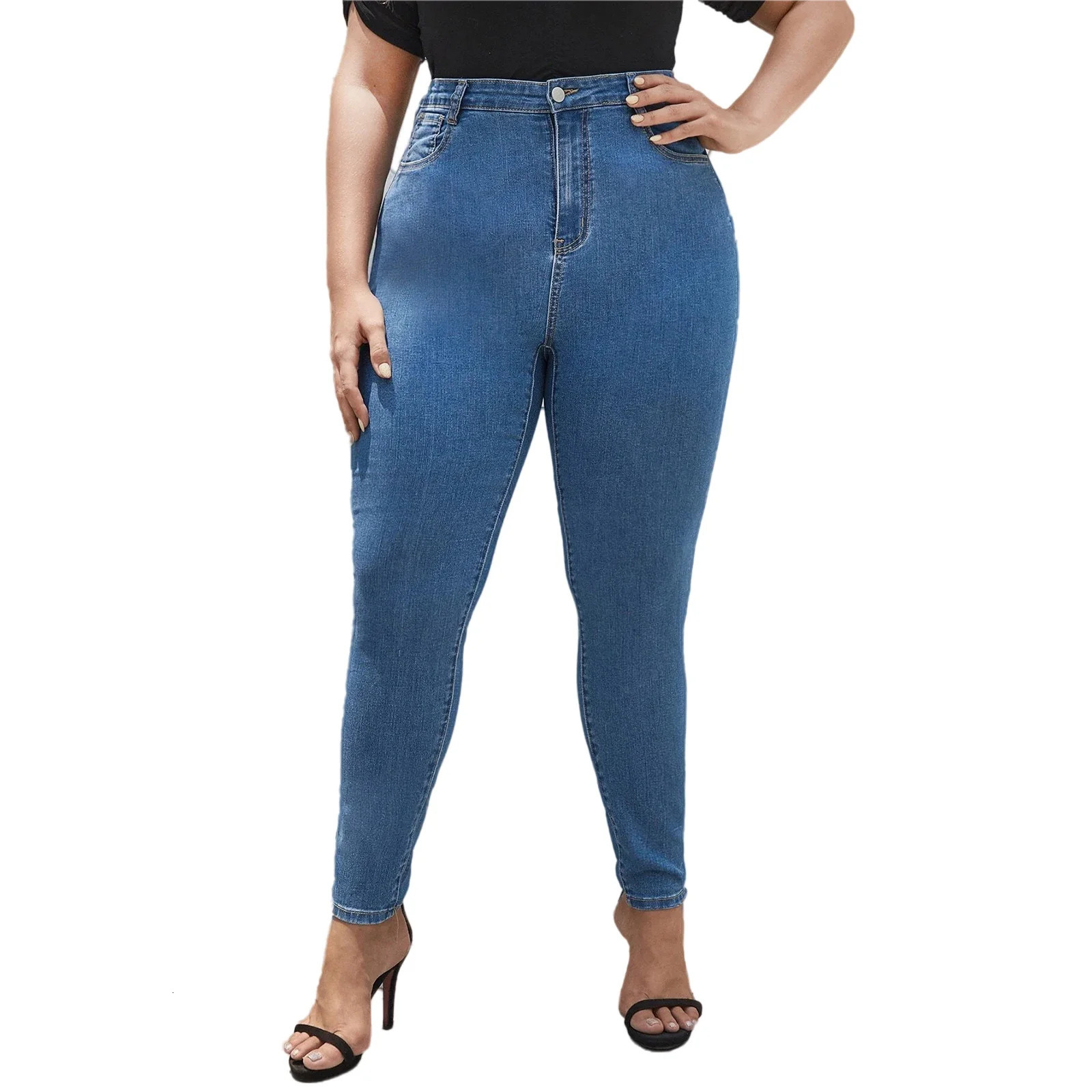 Plus Size Women Jeans Pants Full Length Denim High Waist Stretchy Skinny 241203