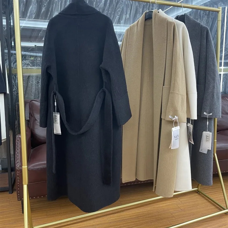 RosEvans DoubleSided Cashmere Coat Women Super Long Thick Wool Fashion Laceup Winter 241202