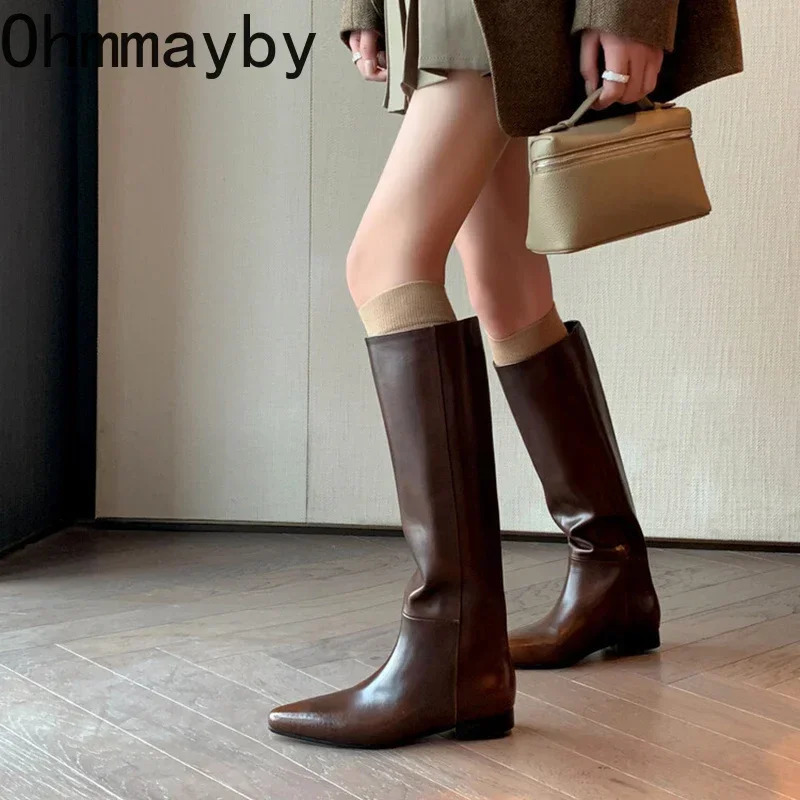 Retro Womens Knee High Boots Fashion Slippery Long Boots Autumn Winter Low Boots Womens Warm Short Fur Velvet Shoes 241205