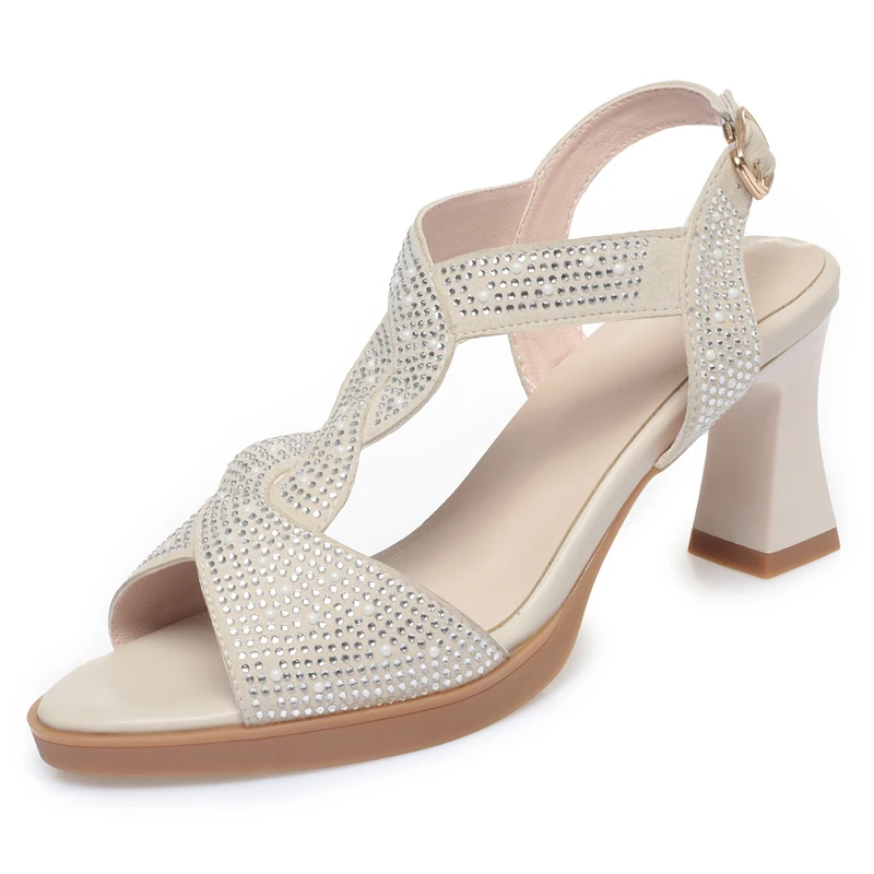 AIYUQI Sandals Women Fashion Summer Sandals Women Open Toe Rhinestone High Heels Roman Shoes Women