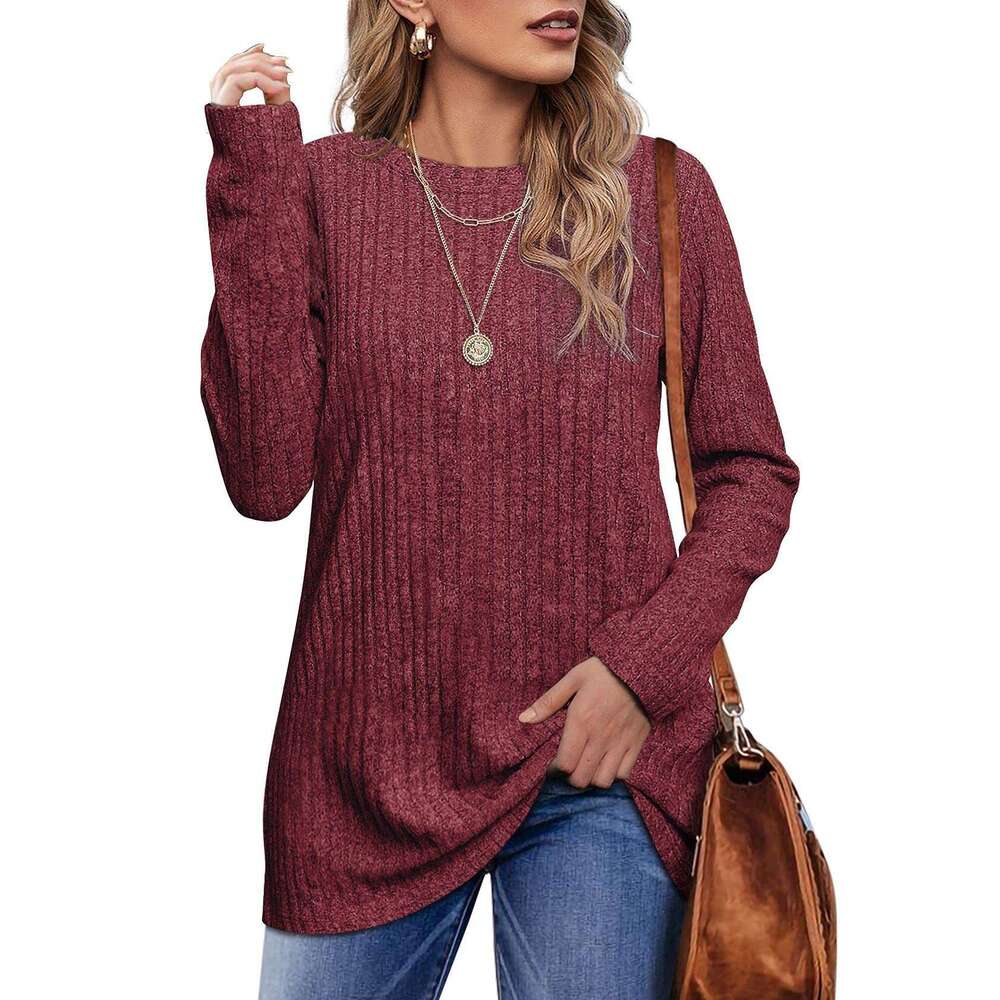 European American autumn and winter round neck brushed pit stripe solid color top long sleeved T-shirt for women 2024 temperament versatile new trendy