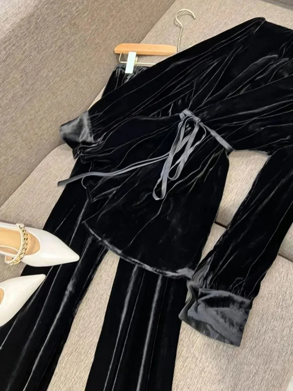 Elegant V Neck Lace Up Hong Kong Style Tops Veet Advanced Office Small Fragrance Wid Leg Pants Exquisite Suits Trousers