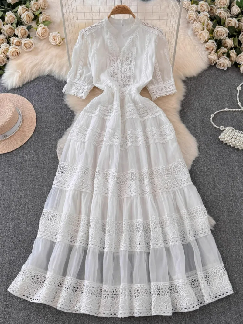 Basic Casual Dresses French Elegant Lace Embroidery Prom Midi Dress Womens V Neck Puff Sleeve High Waist Hollow Out Long Summer Sundress Clothing