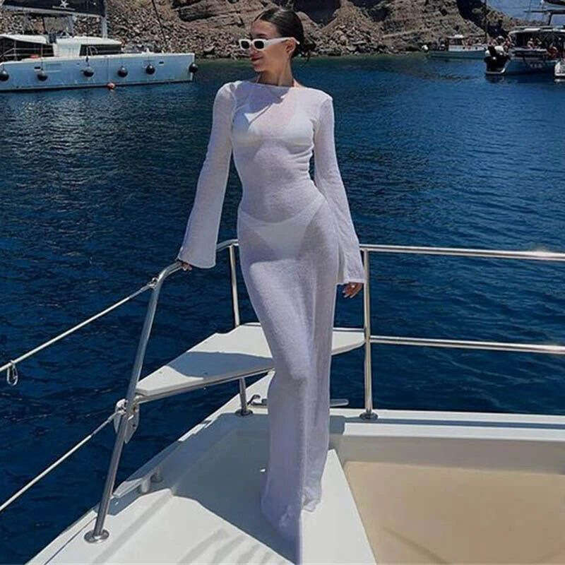 European and American autumn round neck beach bikini with sun protection long sleeved backless dress 2024 new casual fashion trend clothing