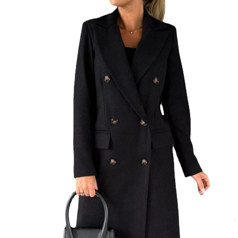 Womens Long Sleeved Lapel Solid Color Double Breasted Slim Fit Coat 241202