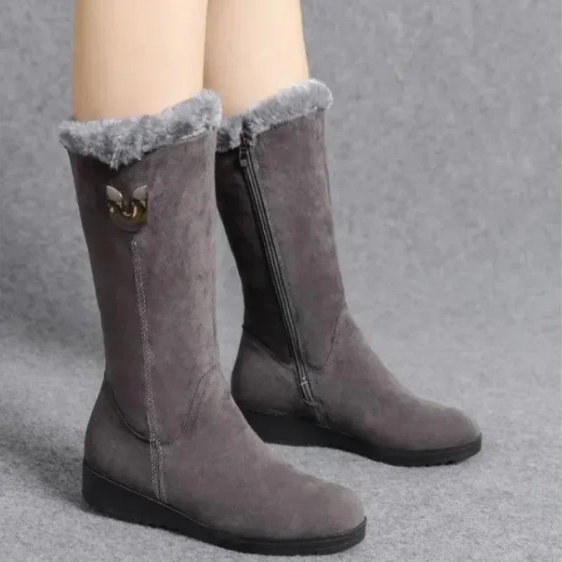 Fashionable womens warm Chelsea high wool leather boots 2024 midrange plush snow flat Zapatos Para Mujeres 241206