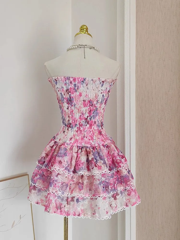 Urban Sexy Women' Dresses Summer Sundress Sexy Embroidery Floral Short Cake Dress Women Beach Halter Backless Stretch Flower Ruffles Layer Party 