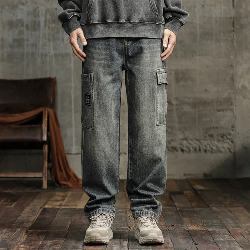 Spring and autumn Japanese mens jeans mens fashion straight tube loose casual large pocket pants 241204