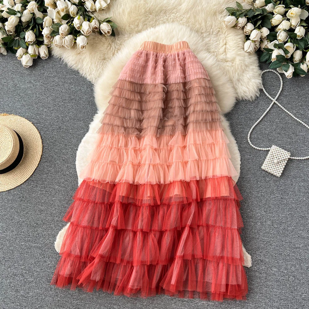 Colorful Rainbow Stripe Mesh Tulle Skirts Women 2023 Summer Autumn Long Maxi Skirt Fashion Elegant Elastic Waist 2025