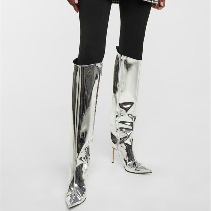 2024 Women's Trend Gold And Sier Patent Leather High Heel Straight Boots Runway To Perform Single Boot