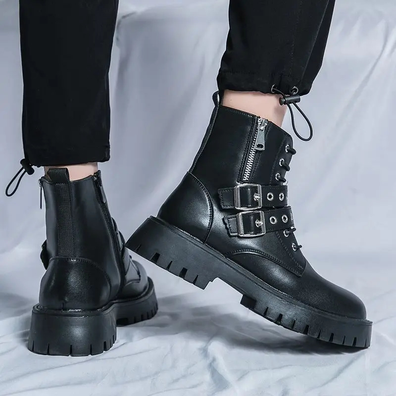 Mens dark functional style high top thick bottom inner high tool autumn high street middle pipe British motorcycle boots 241206