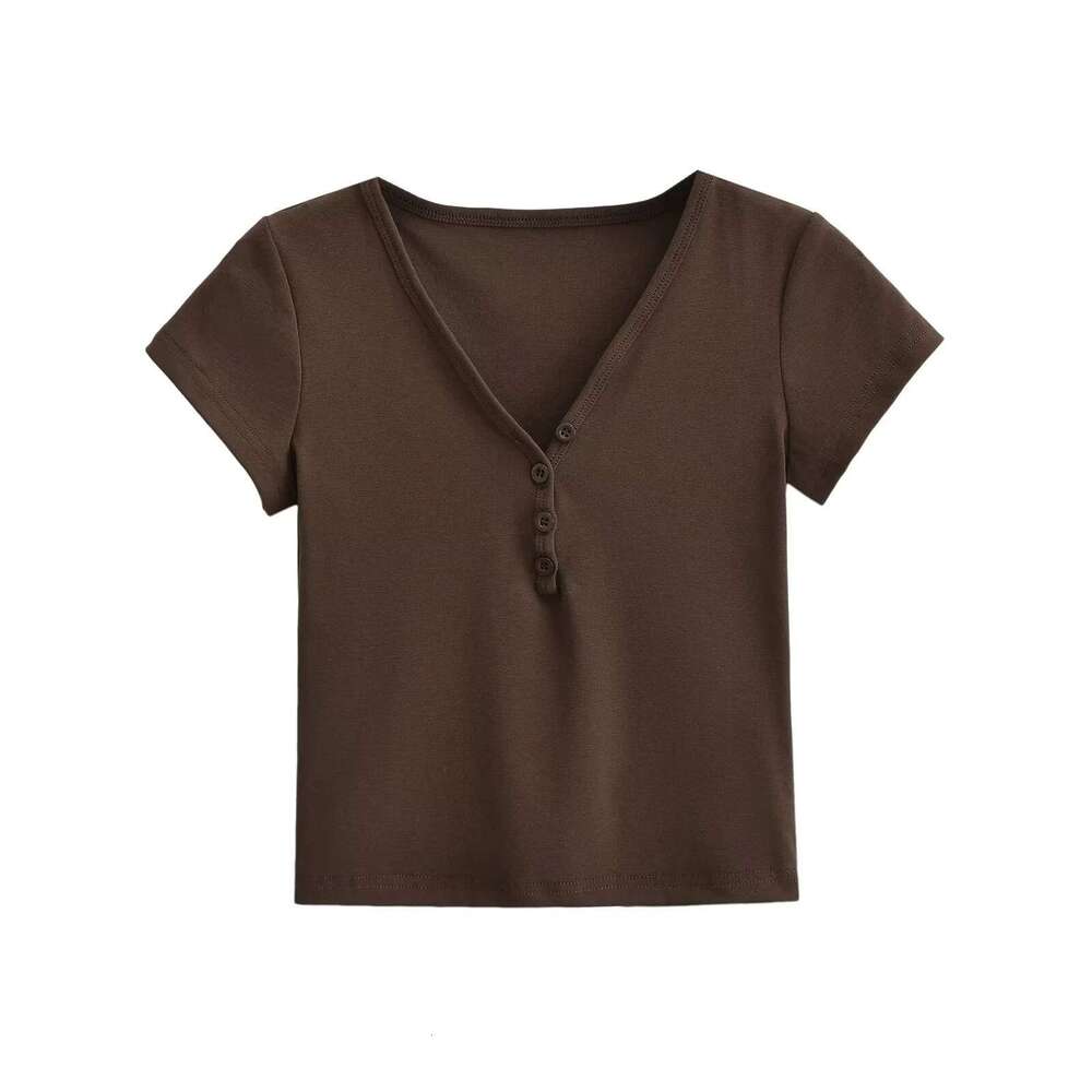 Kardashian's same American V-neck button slim fit T-shirt for women's summer solid color high waist tight short sleeved top wholesale 2024 t