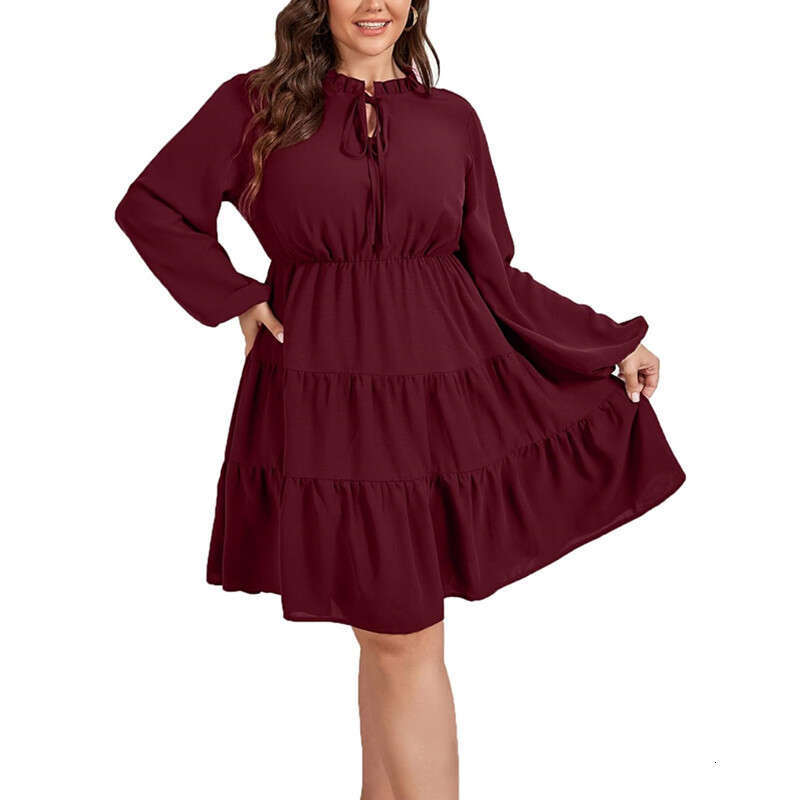 European American Spring/Summer Solid Color Sleeve Lace Up Large Size Women's Long Dress 2024 New Collection of Casual and Versatile Fashion Clot