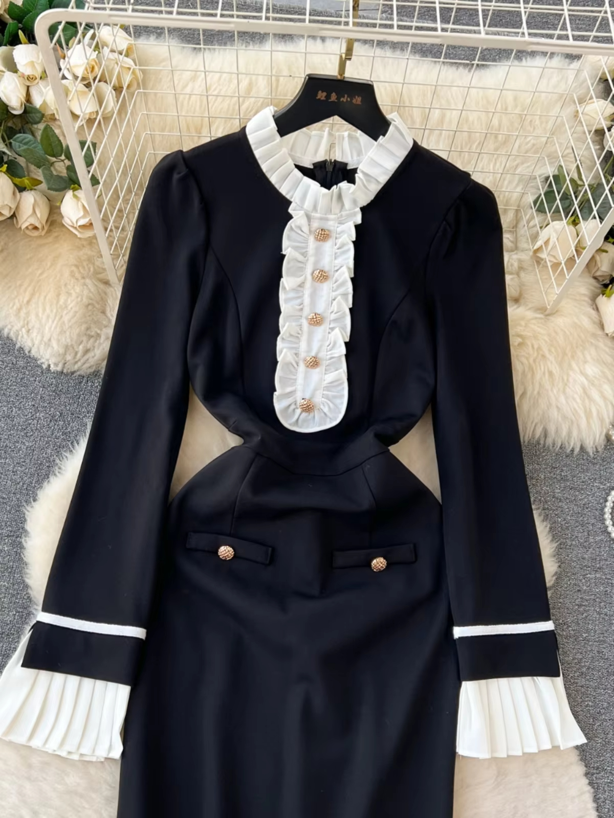Casual Dresses French Hepburn Style Autumn Winter Dress Women's Black White Ruffles Long Sleeve Midi Vestidos Office Lady 2025