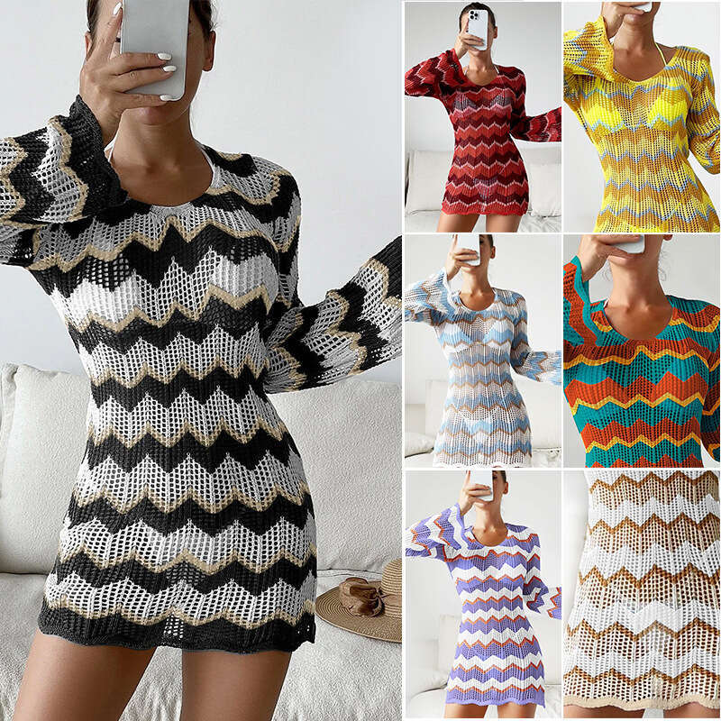 European and American autumn knitted dress women's long sleeved striped contrasting backless lace up sexy hip hing short skirt 2024 new casual ve