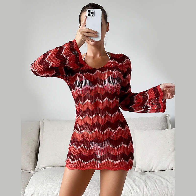 European and American autumn knitted dress women's long sleeved striped contrasting backless lace up sexy hip hing short skirt 2024 new casual ve