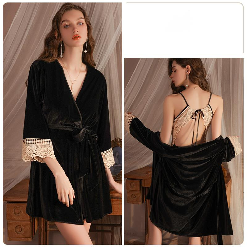 Rosy autumn and winter velvet sexy deep V with chest cushion embroidered lace pure desire backless nightgown outerwear home wear 4054