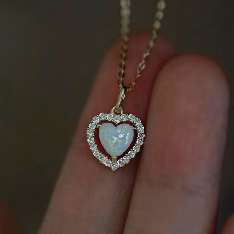 Dainty 14K Gold Plated Heart Pendant 925 Sterling Silver Opal Diamond Necklace