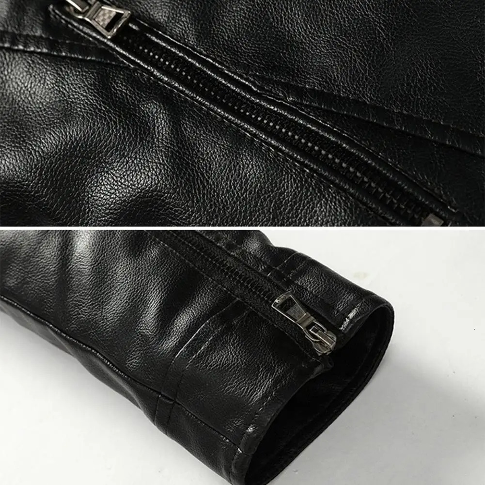 Men Outerwear Stylish Mens Faux Leather Jacket with Stand Collar Zipper Placket Pockets Slim Fit Solid Color Outwear for A 241202