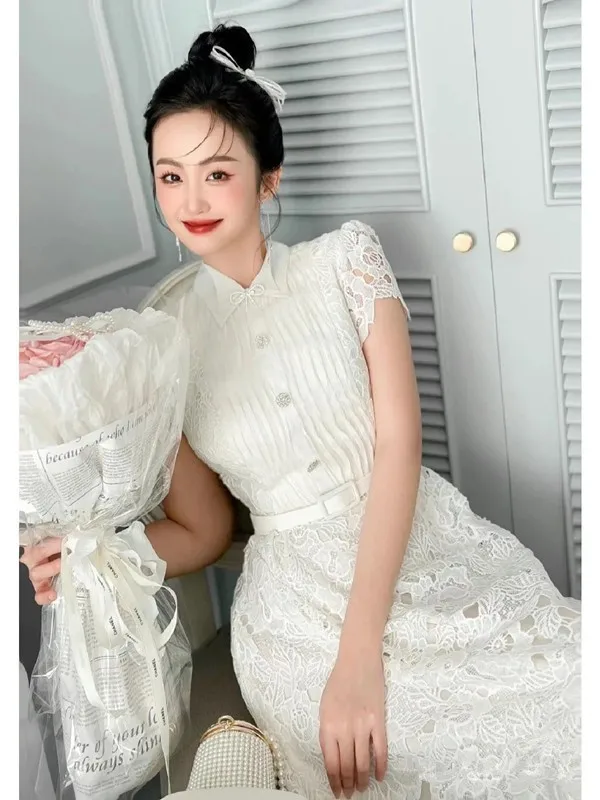 Basic Casual Dresses Runway 2025 Summer Flower Embroidery White Lace Evening Prom Holiday Dress Women Short Sleeve Pearls Bow Bead Vest