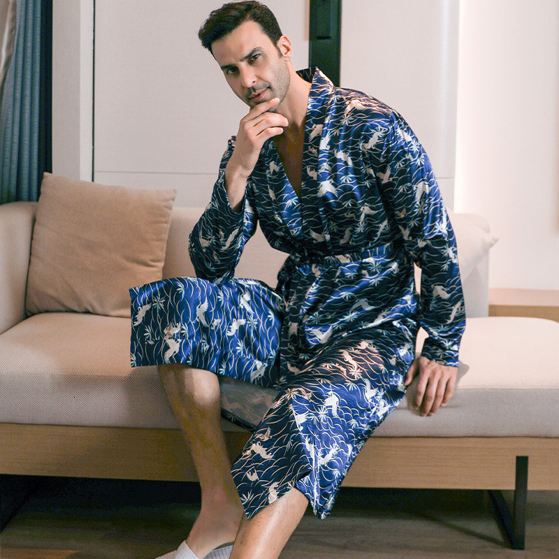2025 fashion Designer s new spring and autumn men s thin ice long sleeved pajamas summer cool simulation silk home clothes plus size bathrobe