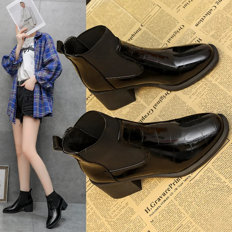 Chelsea Womens Boots Autumn/Winter UK Lace Leather Mid Heel Boots Round Toes High Heels Shiny Leather Womens Boots 241206