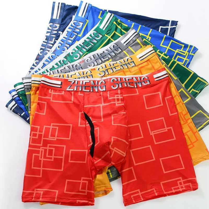 Fashionable printed ice skating fast drying mens long boxing shorts breathable elastic underwear mens long leg underwear Cueca mens X241207