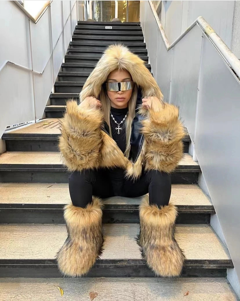 Winter matte boots fur leather shoes fluffy snow plush lining sliding rubber flat outdoor bow warm womens shoelaces 241206