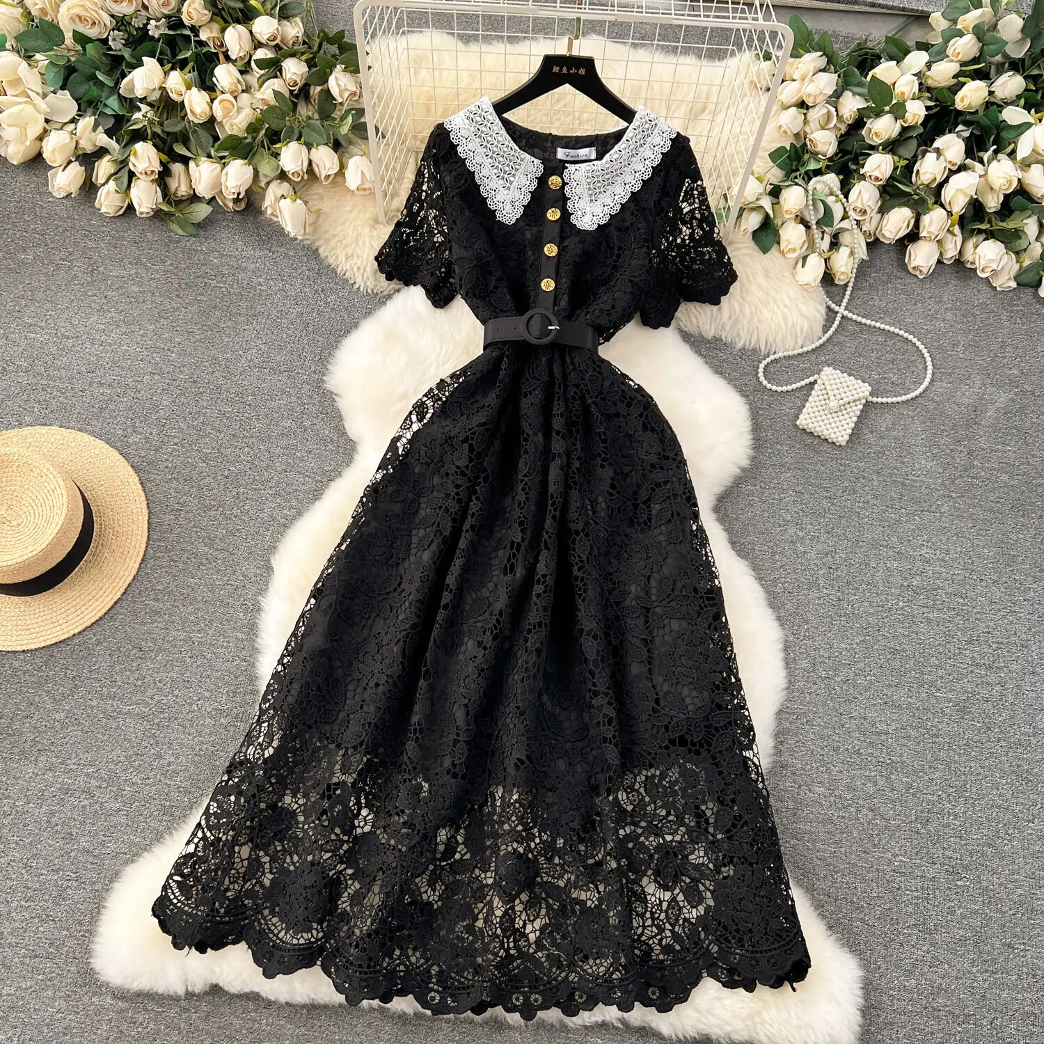 Basic Casual Dresses Vintage Summer Autumn Lace Evening Long Dress Women Short Sleeves Single Breasted Peter Pan Collar Midi Vestidos Party Robe 2025