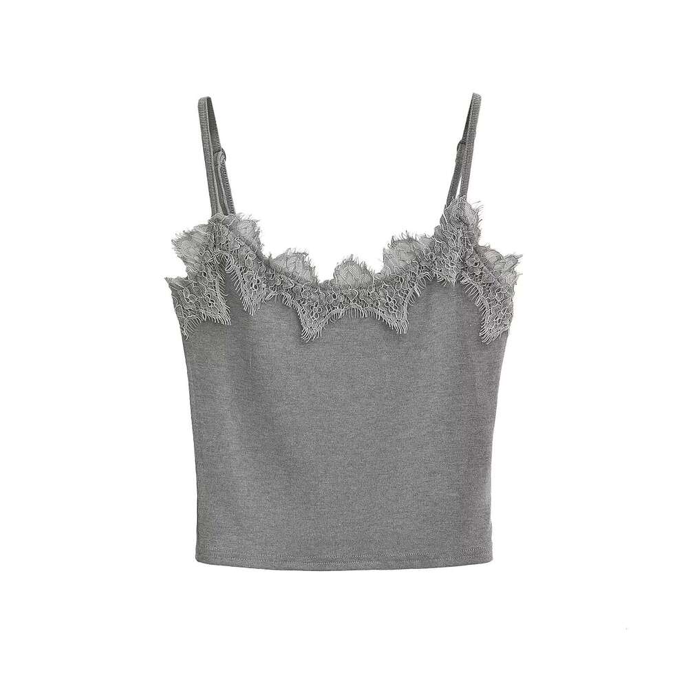 Spicy Girl Retro Lace Edge Bottom Small Women's Summer Elastic Slimming Short Strap Tank Top Trendy 2024 New Style Stylish and Elegant Clothing