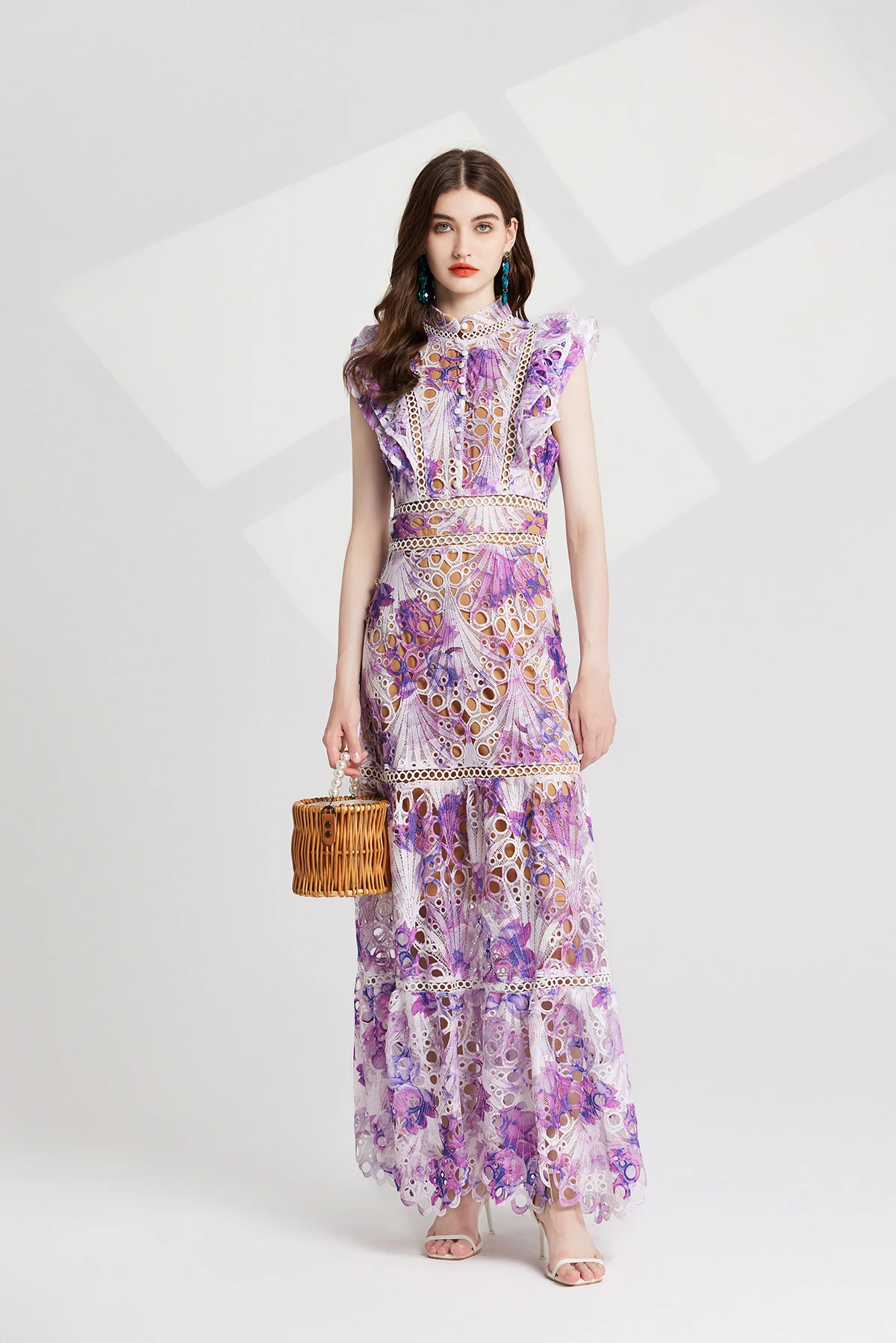 Basic Casual Dresses Summer Autumn Flower Embroidery Maxi Wedding Dress Women Flare Ruffles Sleeve Neck Colorful Long Robe Party Evening Vestidos