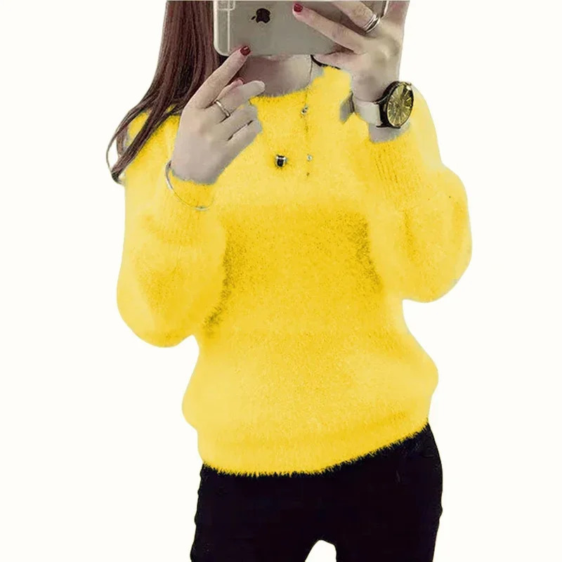 Winter Mink Wool Fleecing Female Oneck Long Puff Sleeve Elastic Casual Sweater Women Knitted Tops Pullovers Solid 241203
