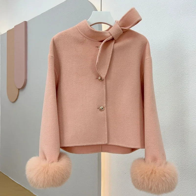 Wool Coat Ladies 2024 Winter Real Natural Fur Cuff Outwear Female Cashmere Woolen Women Jacket 241202