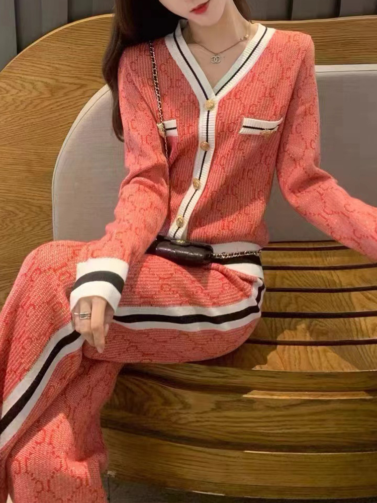 Casual V-Neck Single Breasted Knitted Cardigan+Wide Leg Pants Two-Piece Set Autumn New Fashionable Women's Clothing