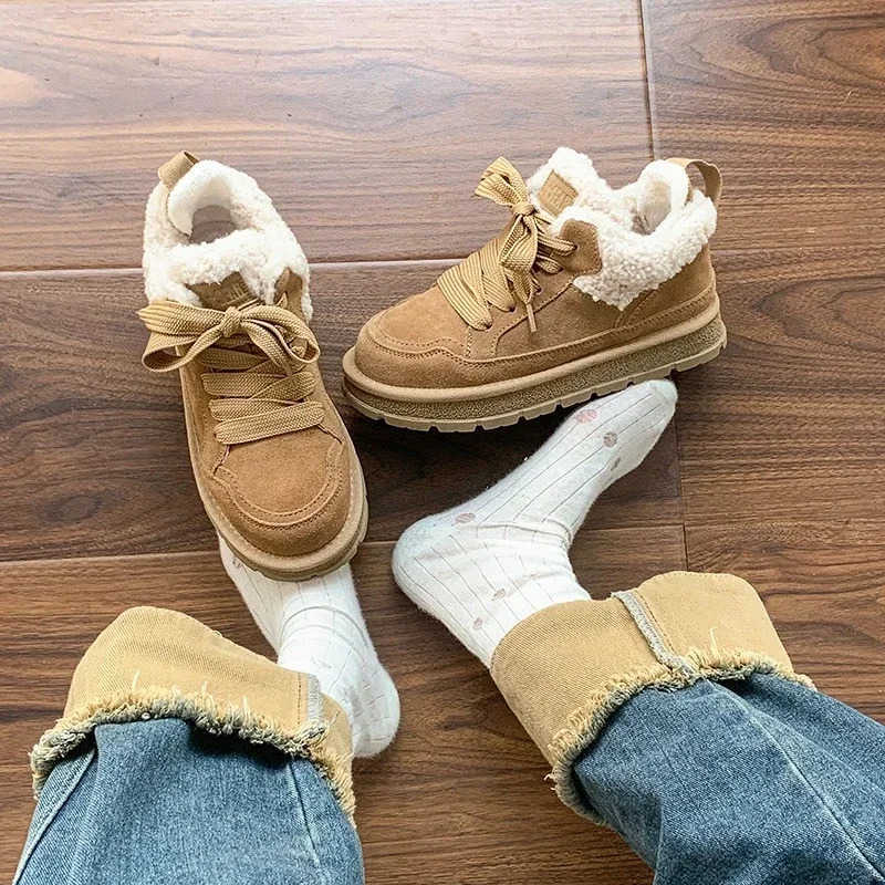 Winter New Style Wens Lace-up Round Toe Low-top Plush Thick-soled Nonslip Boots Fion Designer Wens Vcani Shoes Z241208