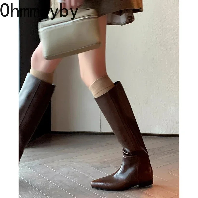 Retro Womens Knee High Boots Fashion Slippery Long Boots Autumn Winter Low Boots Womens Warm Short Fur Velvet Shoes 241205